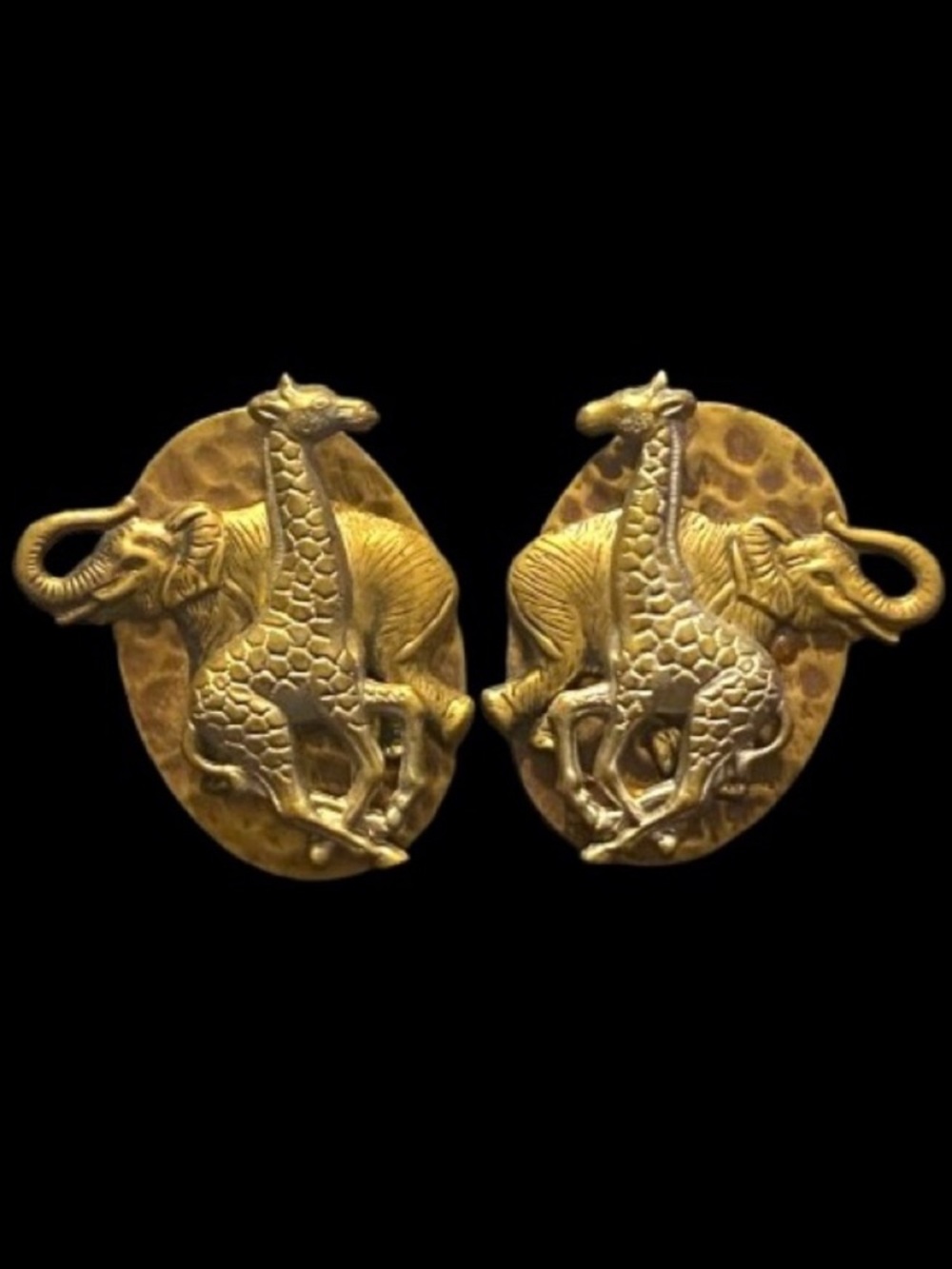 Vintage 3D Raised Safari-themed Metal Pierced Earrings Giraffe & Elephant Brass